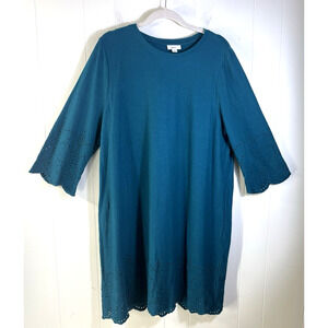J Jill Pacific Teal Eyelet Trimmed Knit Shift Dress 100% Cotton Size XL Petite